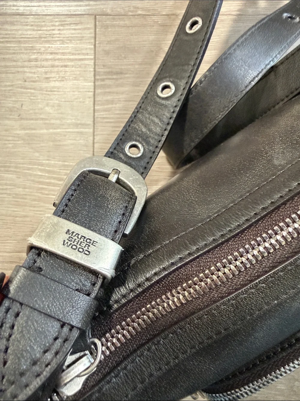 Black Distressed Messenger Bag by MARGE SHERWOOD